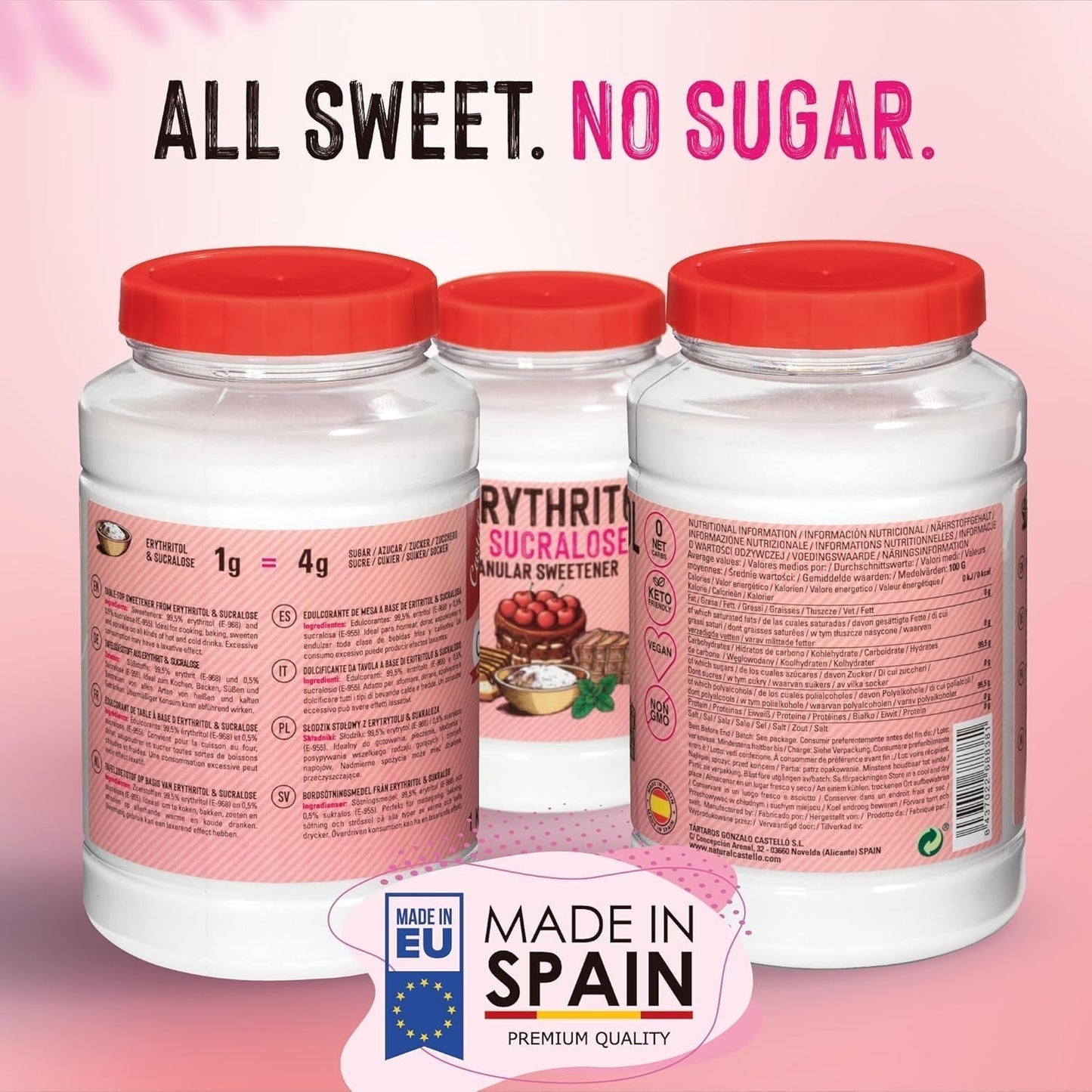 Erytritol + Sukralos 1:4 Süßstoff | 1G = 4G Zucker | 0 Netto-Kohlenhydrat - 0 Kalorien - 0 Glykämischer Index - Keto - Kein GVO - Castello sedan 1907 - 1 Kg Sötningsmedel Naty Shop
