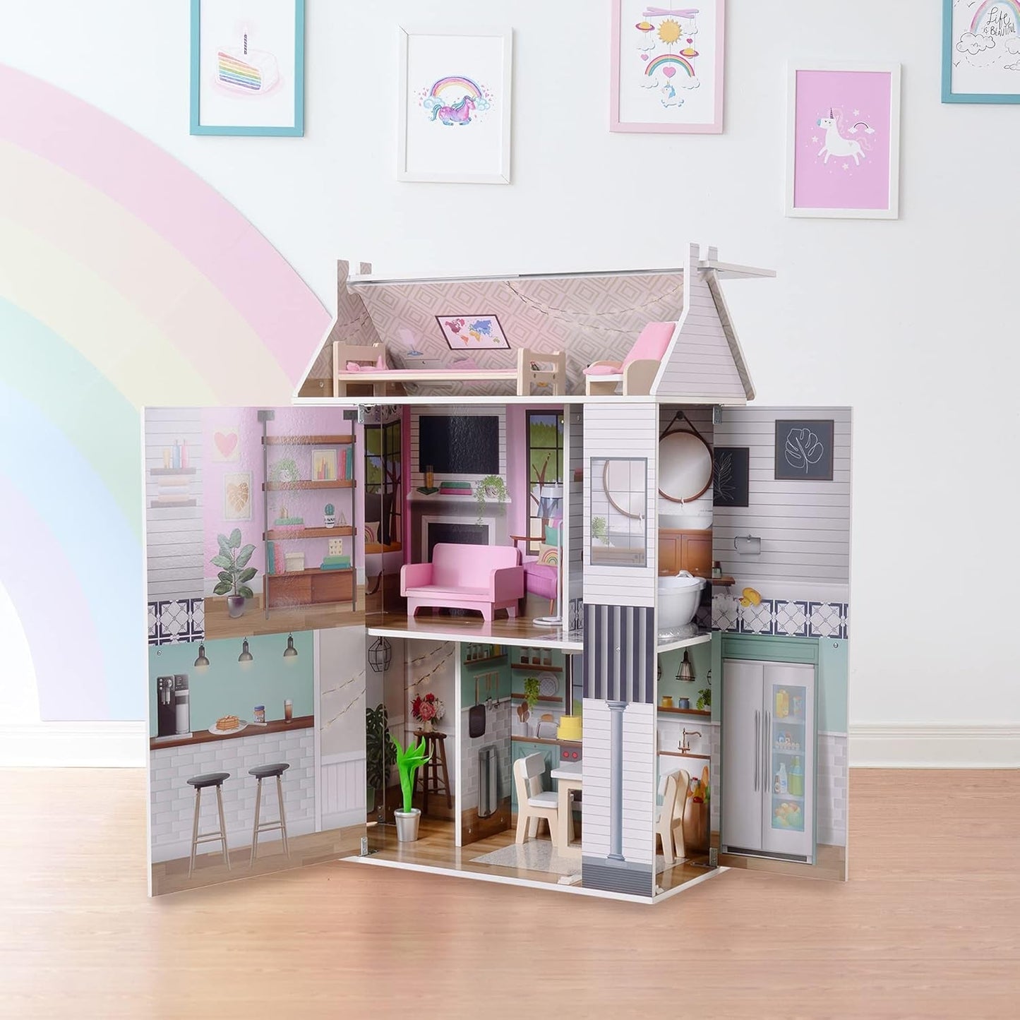 Olivia's Little World Dreamland 3-lagers interaktivt dockhus i trä med 13 tillbehör till dockmöbler Vit TD-13632A