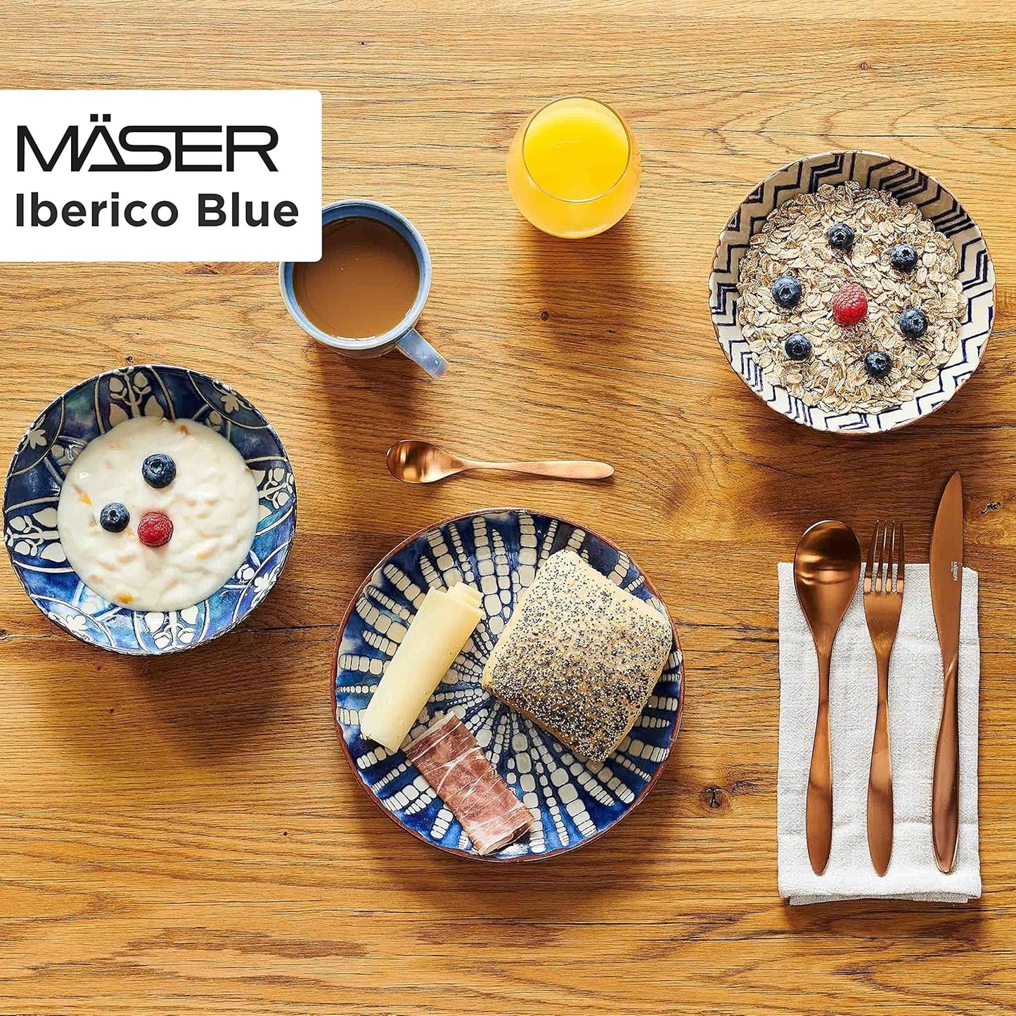 MÄSER 934017 Iberico Blue 4-personers middagsset, 12-delat, morisk stil, olika vintagedesigner i vitt och blått, keramik