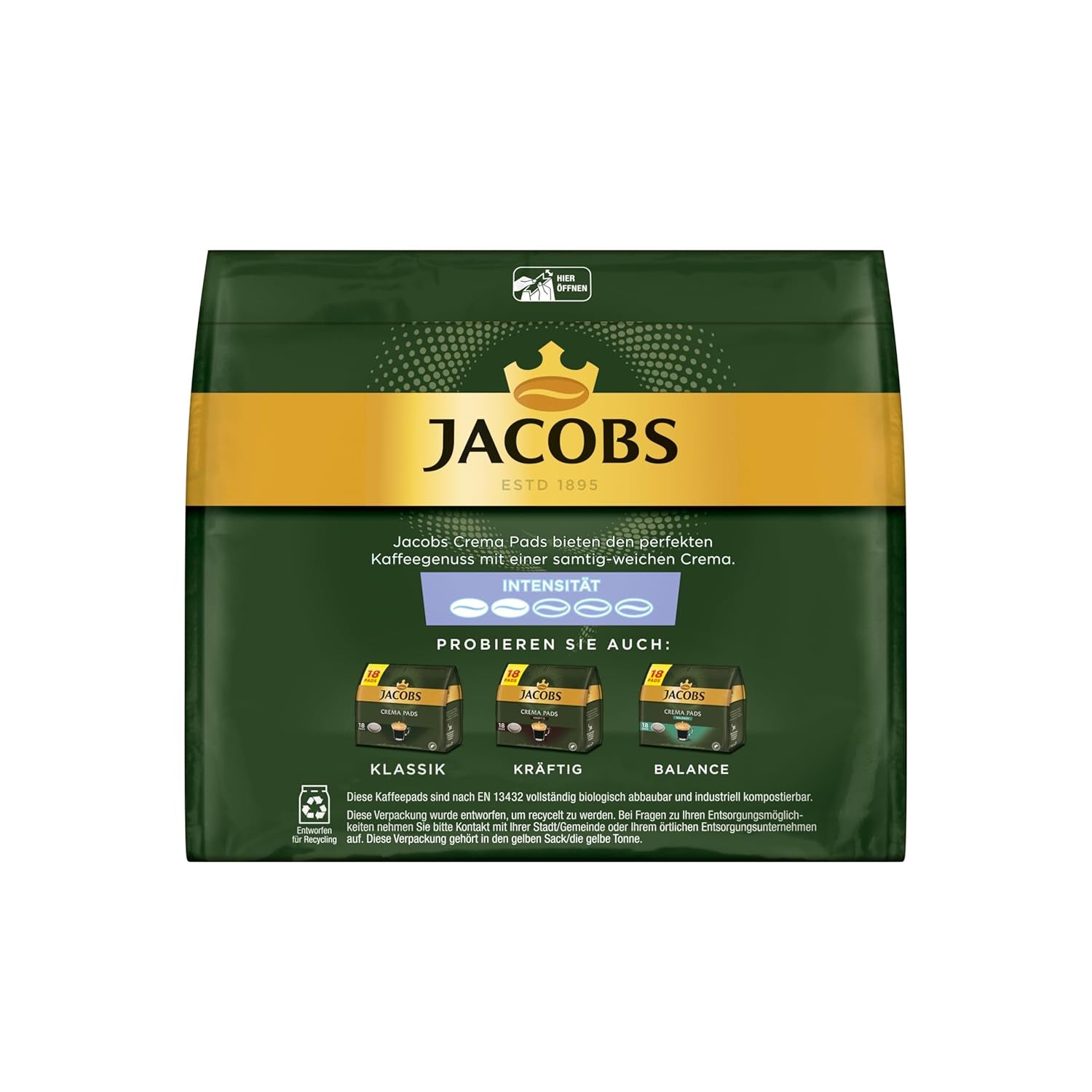 Jacobs Pads Crema Mild, Senseo-kompatibla Pads, 5 x 18 Getränke, 90 Kaffeepads
