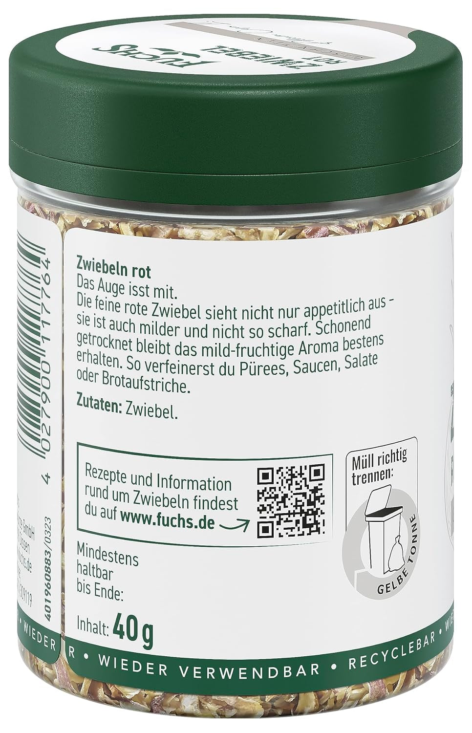 Fuchs Gewürze - Zwiebel rot geschnitten - Gewürz für Pürees, Salad eller Brotaufstriche - naturliga ingredienser - 40 g i wiederverwendbarer, recyclebarer Dos