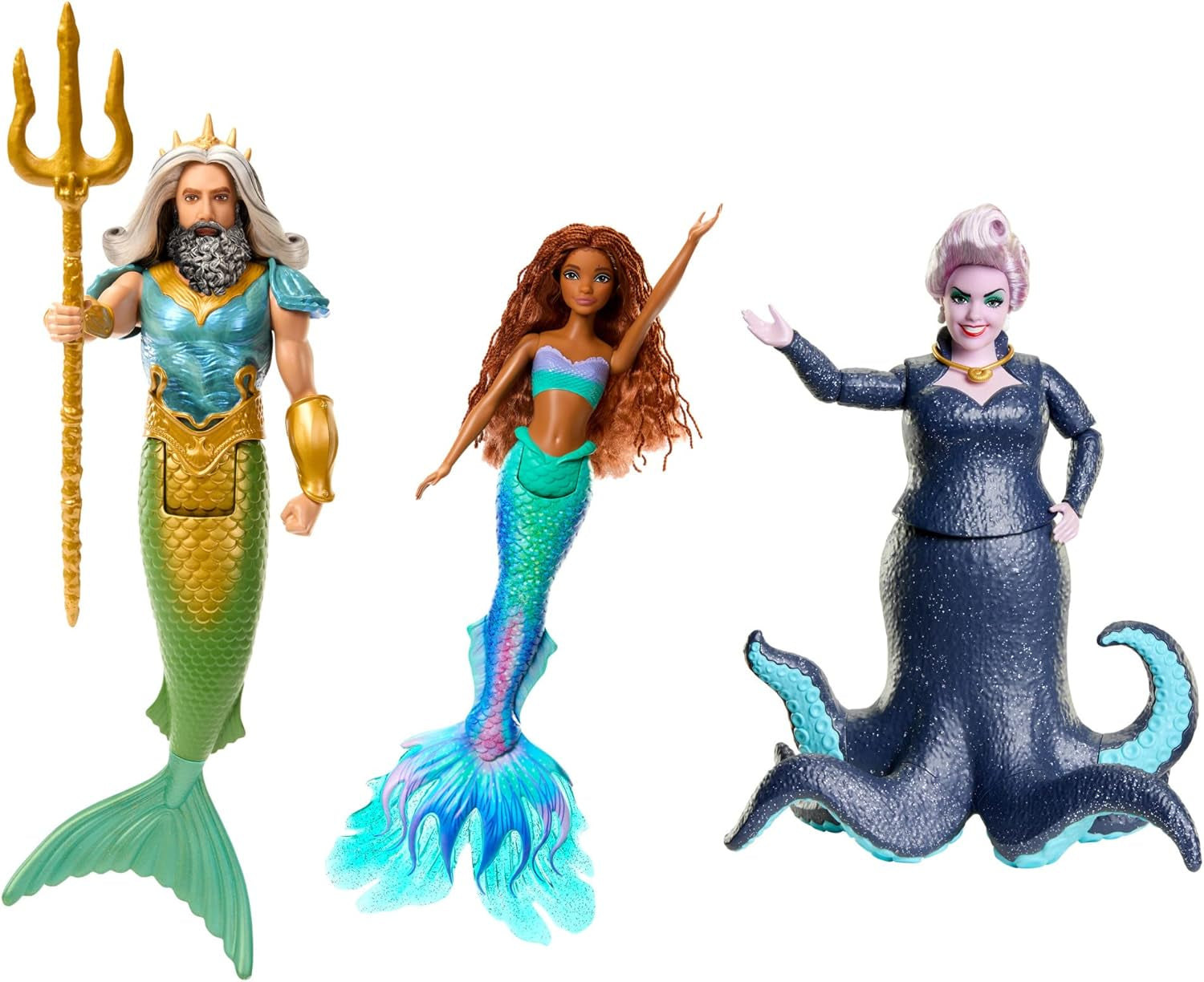 Mattel DISNEY Arielle The Mermaid Set med Mala, Karina och Arielle, unika kläder och frisyrer, för fantasifull lek och samlande, för åldrarna 3 och uppåt, HND29 Naty Shop King Triton, Ursula och Ariel dockor