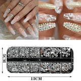 10 lådor Nail Rhinestones Kit, multifunktionella tillbehör med 1 pincett, dekorativa diamanter, kristaller, pärlor, ädelstenar, färgglada, blandade, hästögon, metalliska stenar, för DIY-nageldekorationer