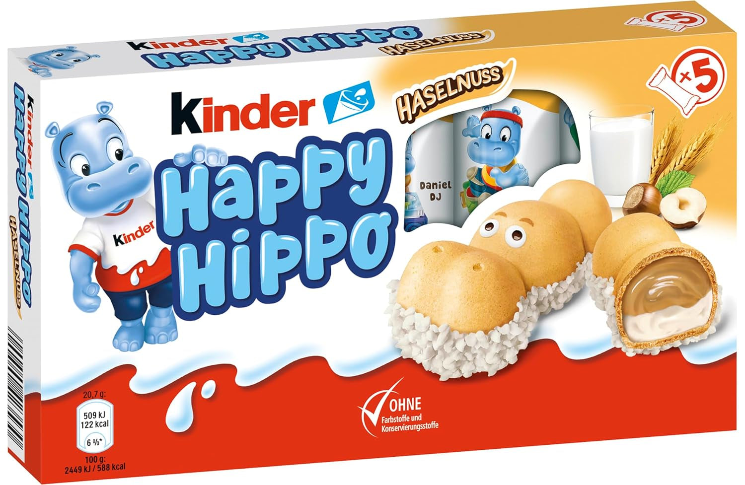 Kinder Happy Hippo Hasselnöt - Specialknäckiga rån med mjölk och hasselnötskräm - Karneval och Mardi Gras sötsaker - 1 förpackning innehållande 5 individuella barer på 20,7 g vardera