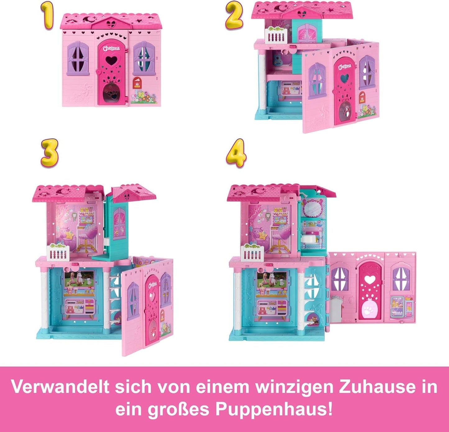 Barbie Chelsea dockskåp med 15+ tillbehör, popup-hus expanderar till över 42 x 33 cm med 5 lekytor och en rutschkana, med en liten docka och en hund, JFW49
