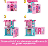 Barbie Chelsea dockskåp med 15+ tillbehör, popup-hus expanderar till över 42 x 33 cm med 5 lekytor och en rutschkana, med en liten docka och en hund, JFW49