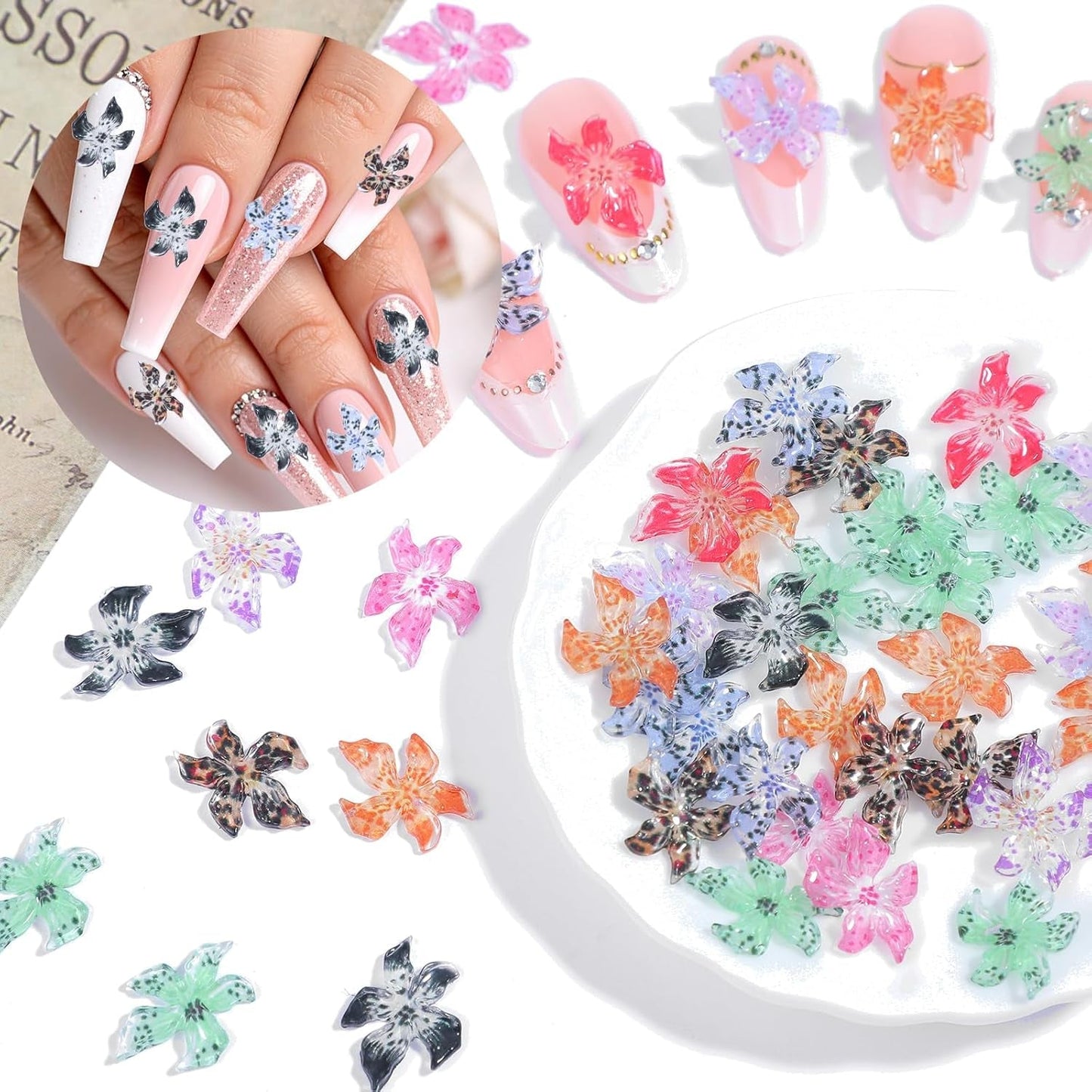 50 st 3D Blumen Nägel Nail Charms Bunt Gelee Weich Kleber Lilie Flower Blume Nagel Hibiscus Zubehör Nageldesign Eis Kristall Geprägt Farbverlauf Lilien Für Mädchen Frauen Diy Basteldekoration