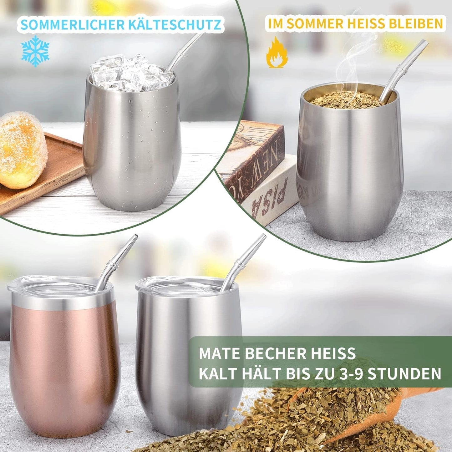 Modern Mate-mugg 340 ml, isolerad dubbelvägg i rostfritt stål Yerba Mate-muggset, Mate-temugg med BPA-fritt lock, Bombillas och en rengöringsborste (silver)