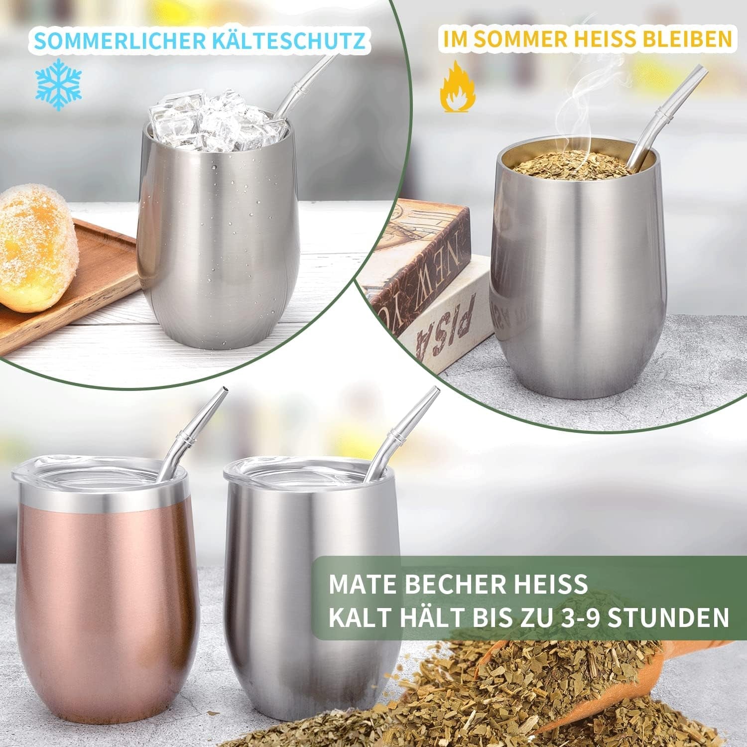 Modern Mate-mugg 340 ml, isolerad dubbelvägg i rostfritt stål Yerba Mate-muggset, Mate-temugg med BPA-fritt lock, Bombillas och en rengöringsborste (silver)