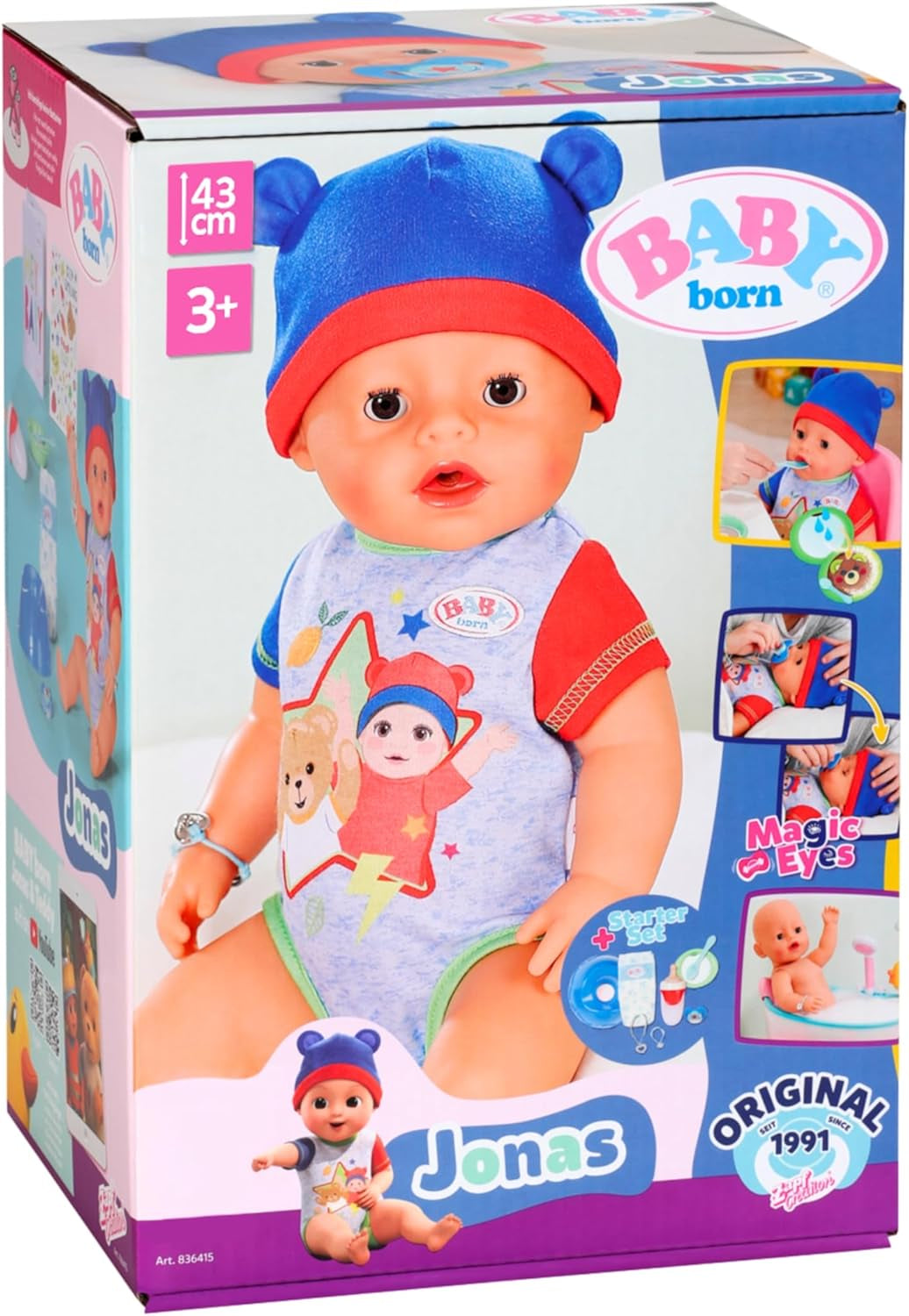 BABY Born Jonas - babydocka 43 cm - 10 funktioner inklusive tillbehör och madrass - Fungerar helt utan batterier - Lämplig för barn från 3 år och uppåt
