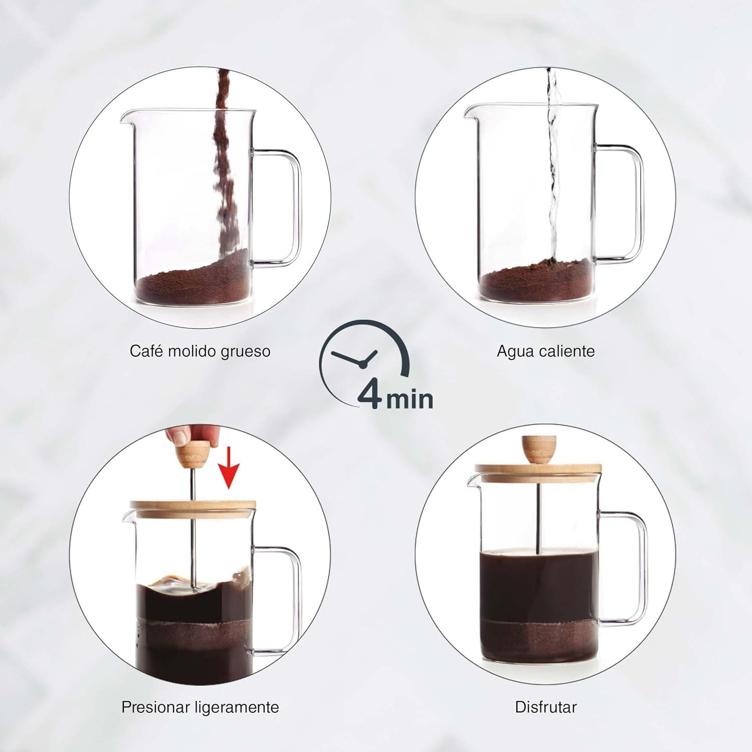 Fransk kaffebryggare, kaffepress, kaffebryggare med kolv, kaffekanna med fransk filter, 3 koppar, 0,35 l, stål och trä