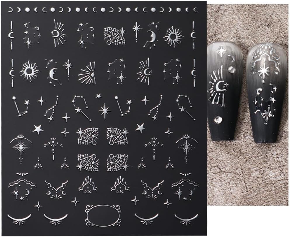 3D silvermetalliska nagelklistermärken, nagelklistermärken för kvinnor, stjärna, måne, sol, nagelfolie, självhäftande klistermärken, fjärilsnagelklistermärken, nagelklistermärken, nageldesigntillbehör, 8 st