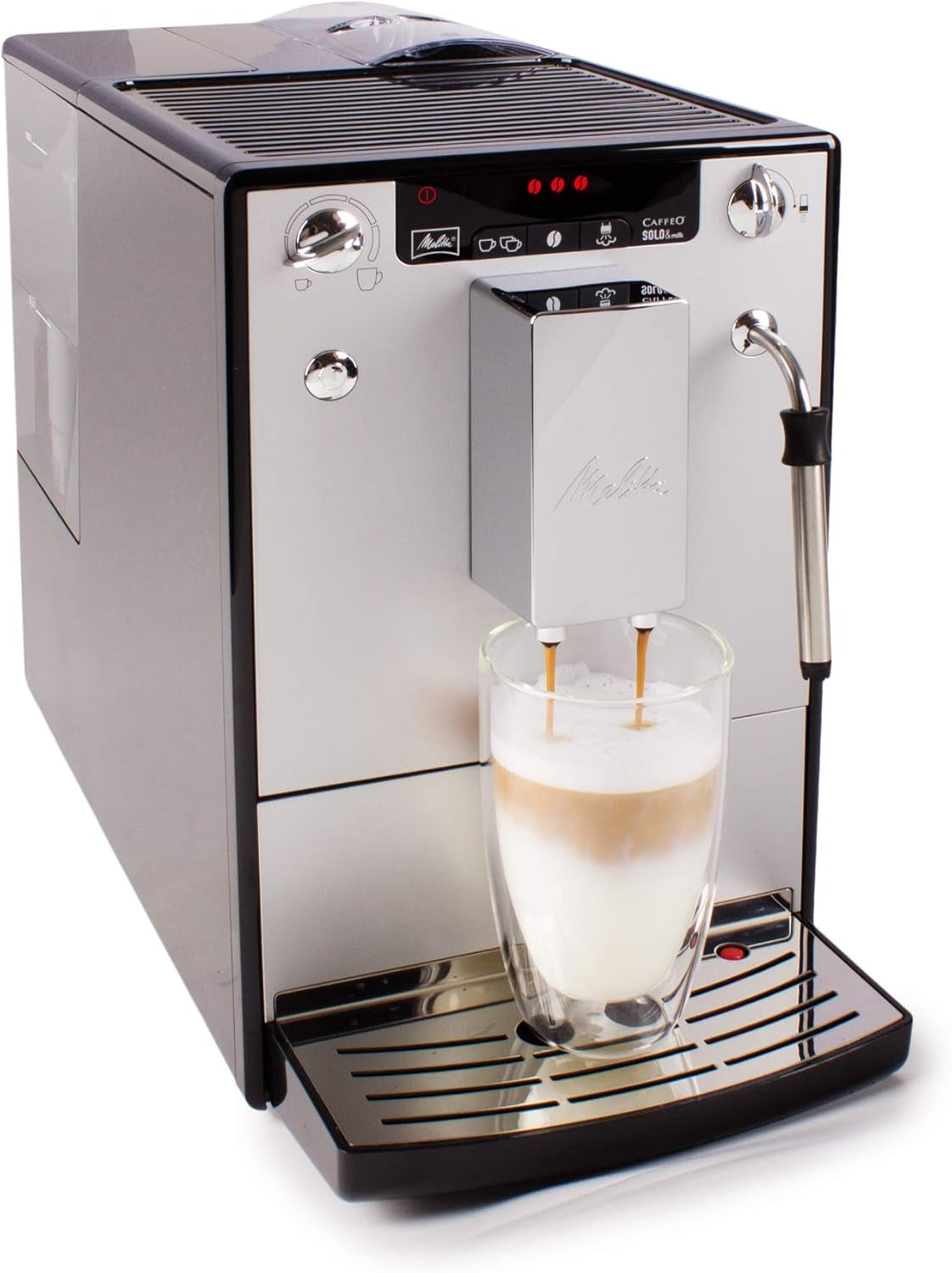 Melitta Solo & Milk - helautomatisk slim kaffemaskin med mjölkskummare, kaffemaskin med avtagbar vattentank, t.ex. kaffe eller cappuccino, silver