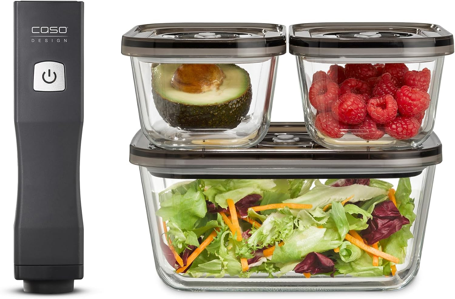 Caso Vacu OneTouch Eco-set, manuell vakuumförslutare, inklusive 3 vakuumbehållare i glas och VacuBoxx Eco-Duo S - vakuumfriskhetsbehållare / 2 behållare med 500 ml vardera Matförvaringslådor Naty Shop