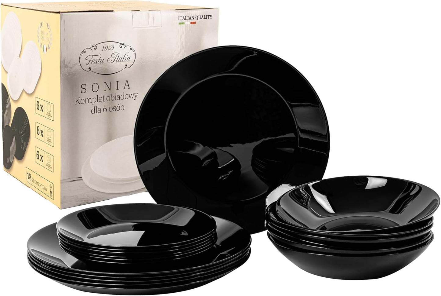 Servis set för 6 - 18 delar - Opalglas servisset - Svart servisset - skål och tallrik set - Modernt servis - tallrikar - bordsservering - servisset för 6
