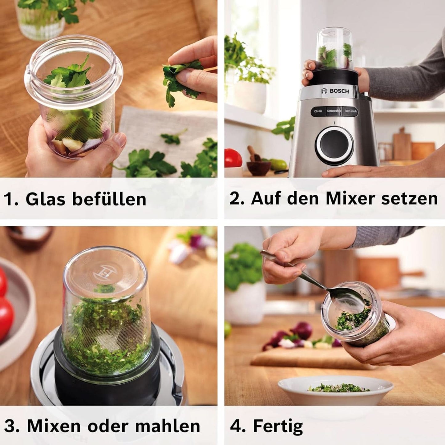Bosch Standmixer Vitapower Serie 4 MMB6177S, Edelstahl-Klingen Tillverkad i Tyskland, 1,5L Thermosafe Glasbehälter, 0,6L To-Go-Flasche, Stopfer, Universalzerkleinerer, 30 000 U/Min, 1200 W, Silver Kitchen Naty Shop