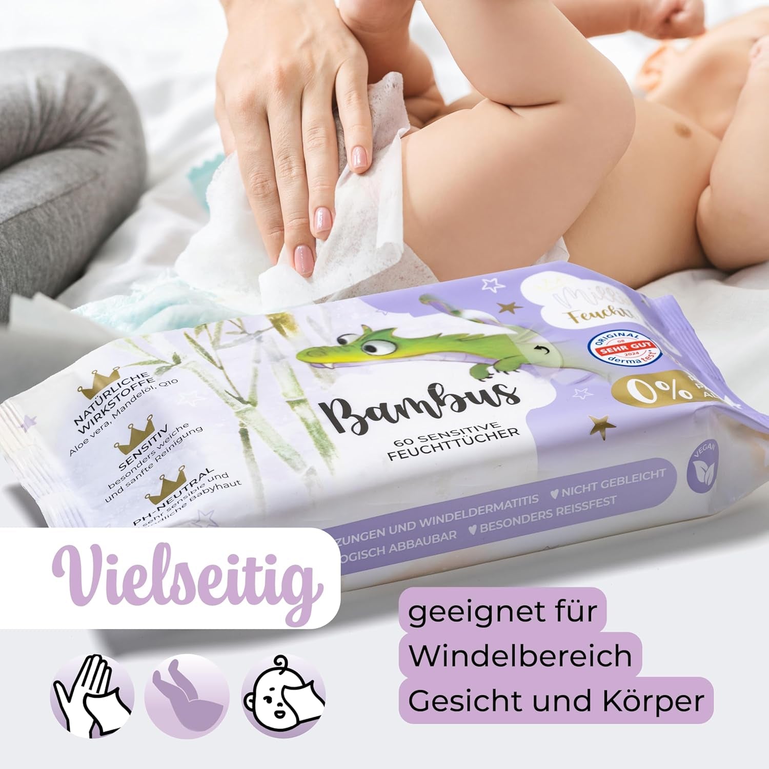 Millis Bamboo Baby Sensitive våtservetter för ömtålig babyhud - 5 x 60 stycken - Naturlig, skonsam och hållbar rengöring - Biologiskt nedbrytbara babyservetter, plastfria och alkoholfria