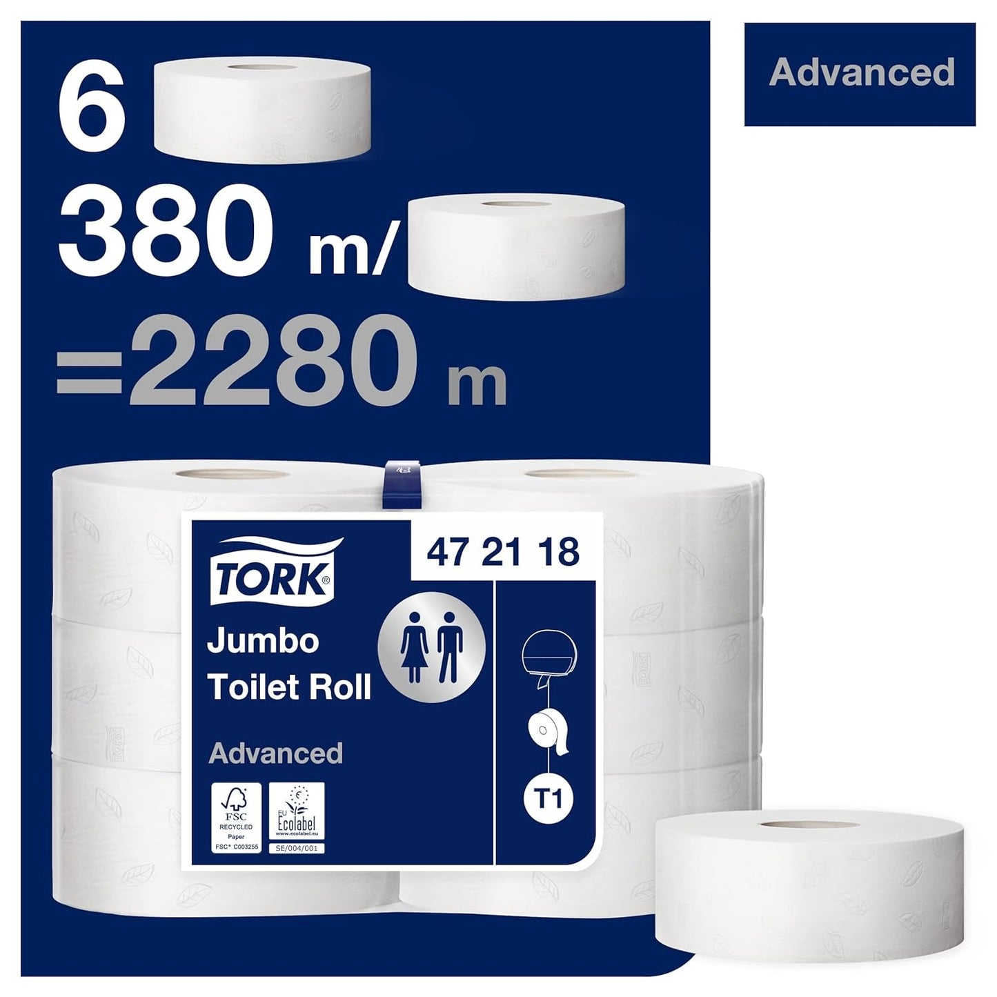 Toalettpapper Tork Jumbo White T1, Advanced, 2 lager, 6 × 380 M, 472118