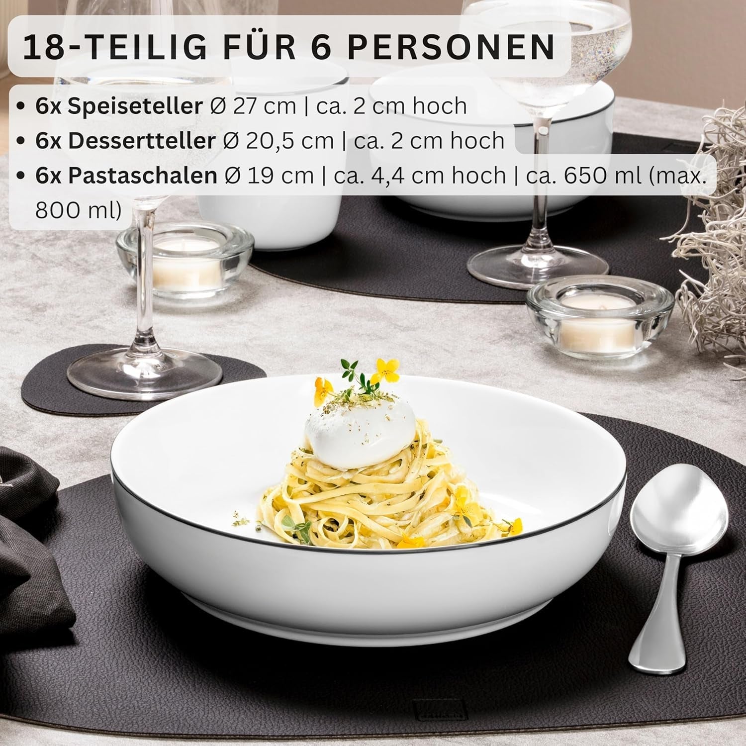 SANGER | Marlo Black and White Edge servisset, 18 delar porslinsservis set för 6, vitt med svarta accenter, mattallrikar, desserttallrikar och skålar, modern design | PREMIUM KOLLEKTIONEN