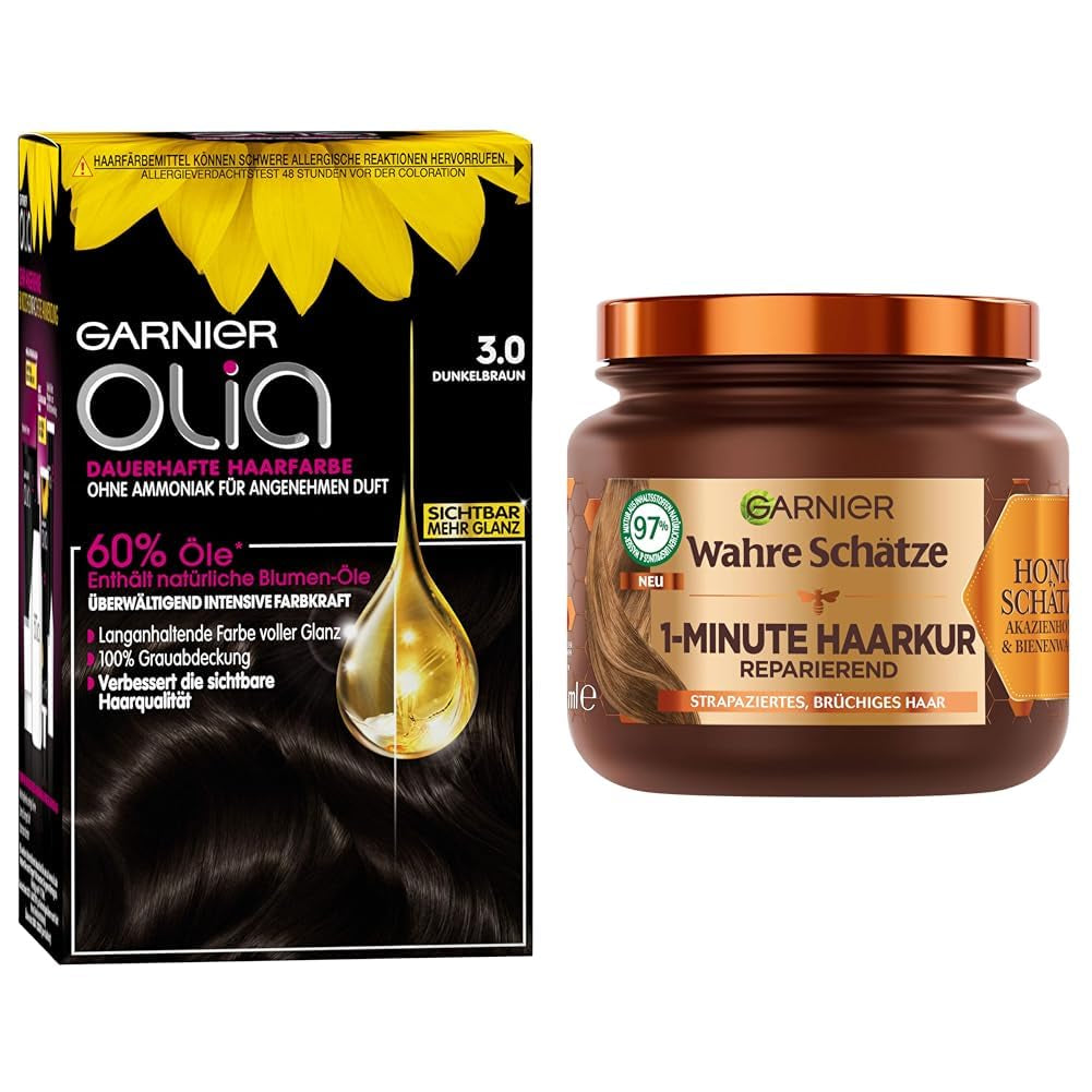 Garnier Color & Care Set: Olia 3.0 Dark Brown Permanent Hair Color + Repairing Hair Treatment (340ml) | Med akaciahonung och bivax för glans och smidighet | Ammoniakfri hårfärgning Naty Shop Standardtitel