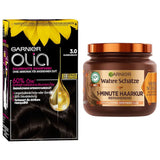 Garnier Color & Care Set: Olia 3.0 Dark Brown Permanent Hair Color + Repairing Hair Treatment (340ml) | Med akaciahonung och bivax för glans och smidighet | Ammoniakfri hårfärgning Naty Shop Standardtitel