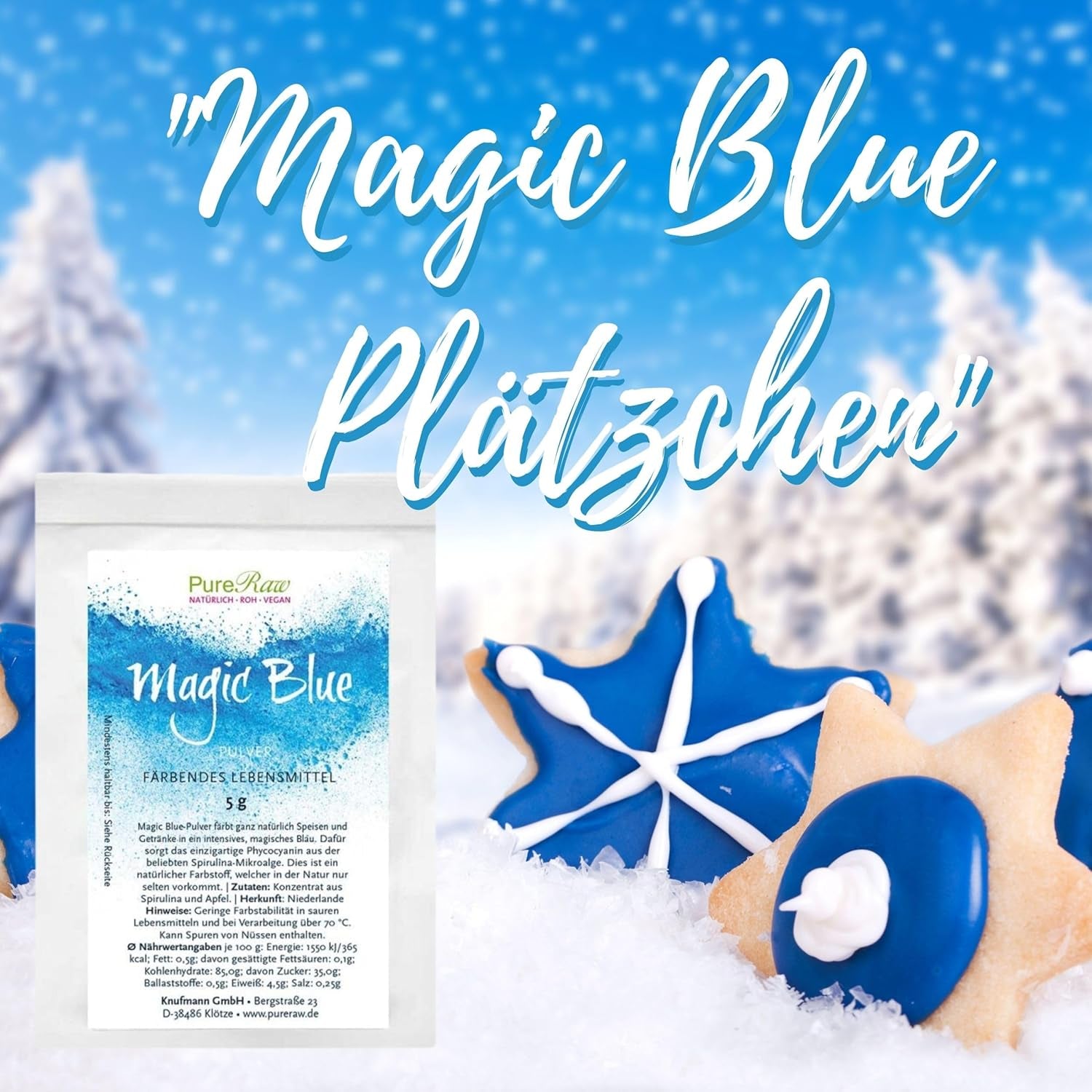 Magic Blue Spirulina Natural Food Color Pulver Blå (Raw Vegan) Mörkblå till Ljus Pastellblå - Phycocyanin Alger Pulver Matfärg - Naturlig matfärg | Pureraw 5G