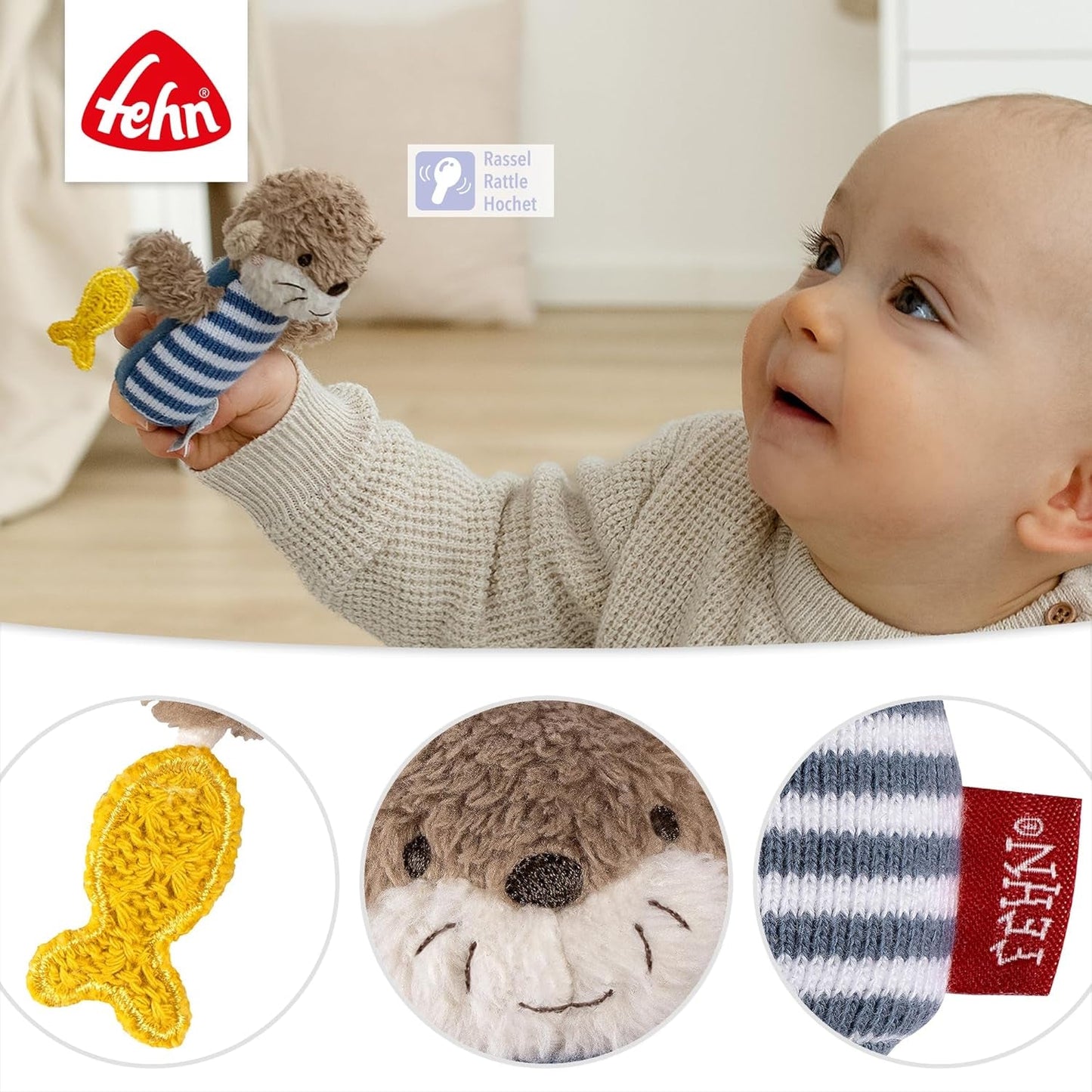 Fehn mini rattle utter - mini gripleksak för att skramla, famla och leka med ett mjukt och gosigt tygdjur - en lojal följeslagare för spädbarn och småbarn i åldern 0+ månader Baby Toys Naty Shop