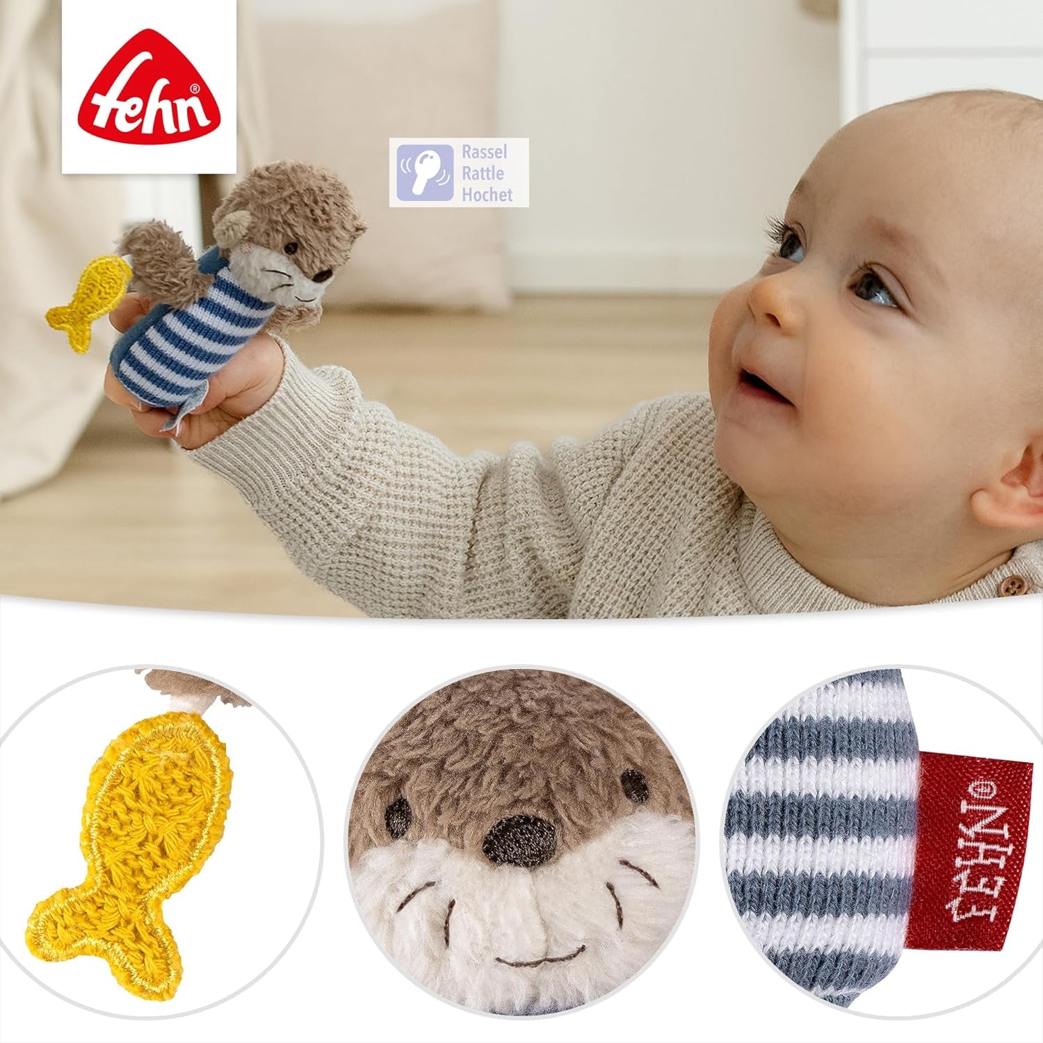 Fehn mini rattle utter - mini gripleksak för att skramla, famla och leka med ett mjukt och gosigt tygdjur - en lojal följeslagare för spädbarn och småbarn i åldern 0+ månader Baby Toys Naty Shop