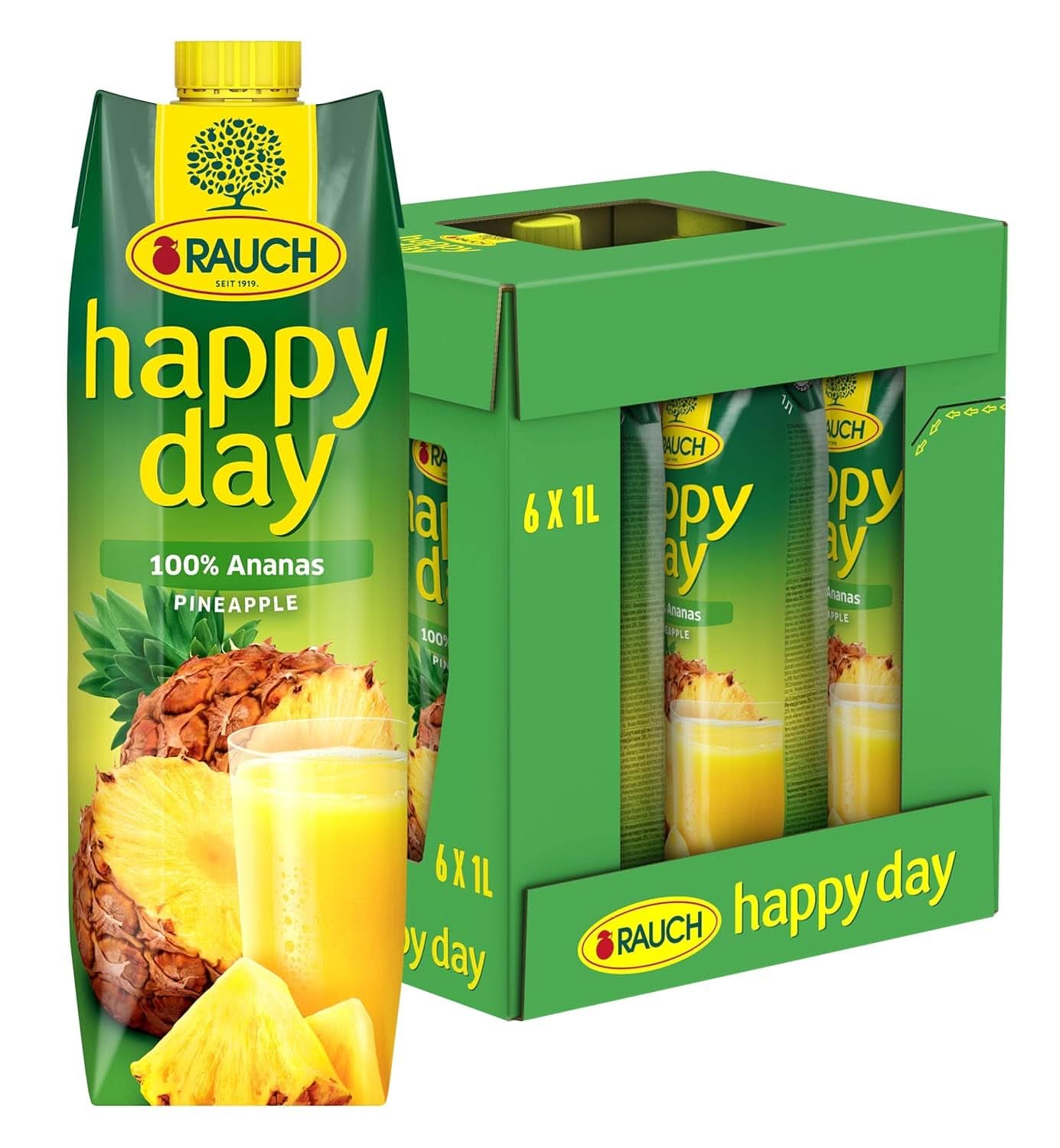 Rauch Happy Day Ananas | Explosion av tropiska smaker | Tillverkad av 100 % koncentrerad ananasjuice | 6 x 1 liter, Tetra Prisma Alkoholfria drycker Naty Shop