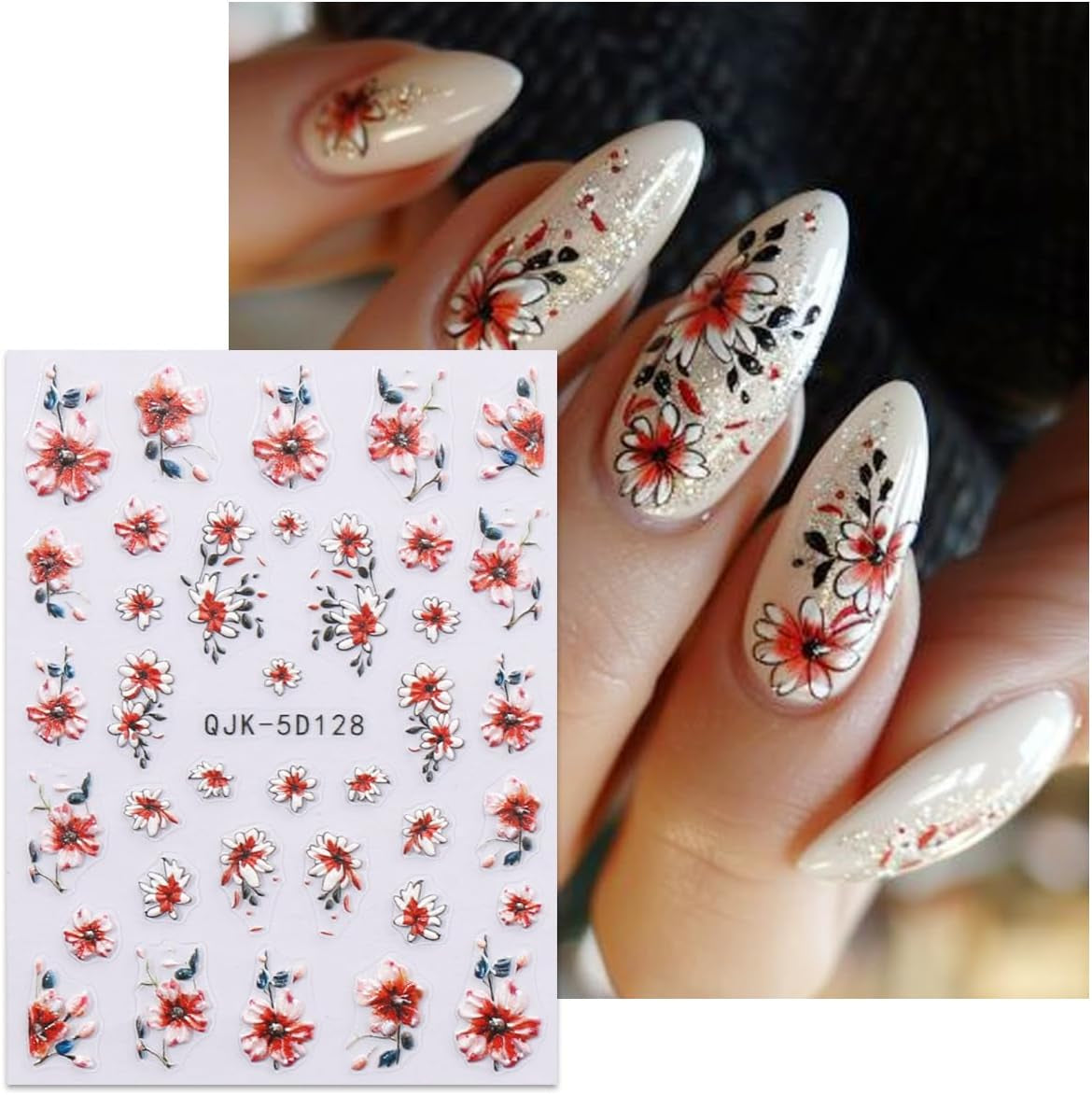 JMEOWIO 3D Nagelsticker Blumen Nail Art Sticker Selbstklebend Nagelaufkleber 5D Stereoskopisk Frühling Sommer Dekoration Nageldesign Zubehör 4 Blatt