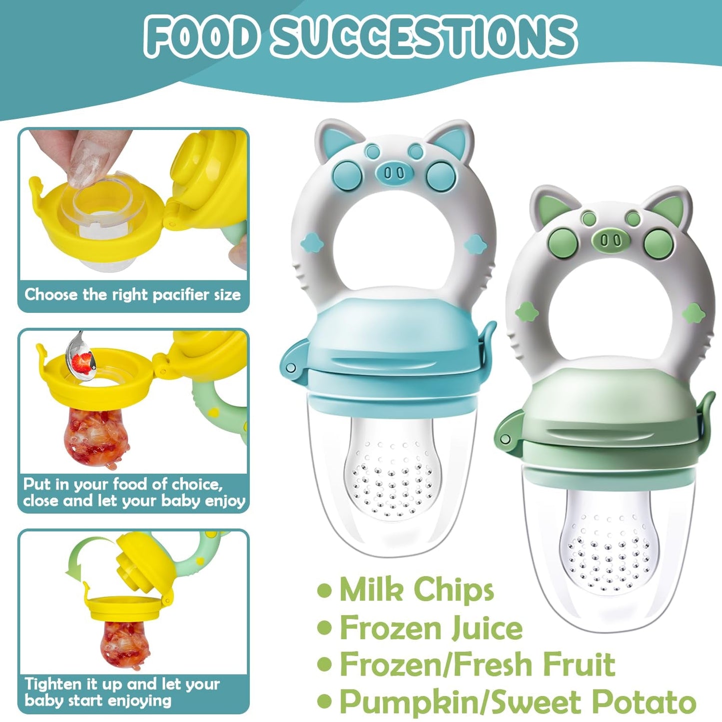 Babyfruktnappar, 2-pack fruktnappar för bebisar 3 månader upp uppgraderad version 2023, fyllbara nappar, grötnappar, fruktnappar för bebisar, BPA-fria, 8 silikonnappar i 3 storlekar