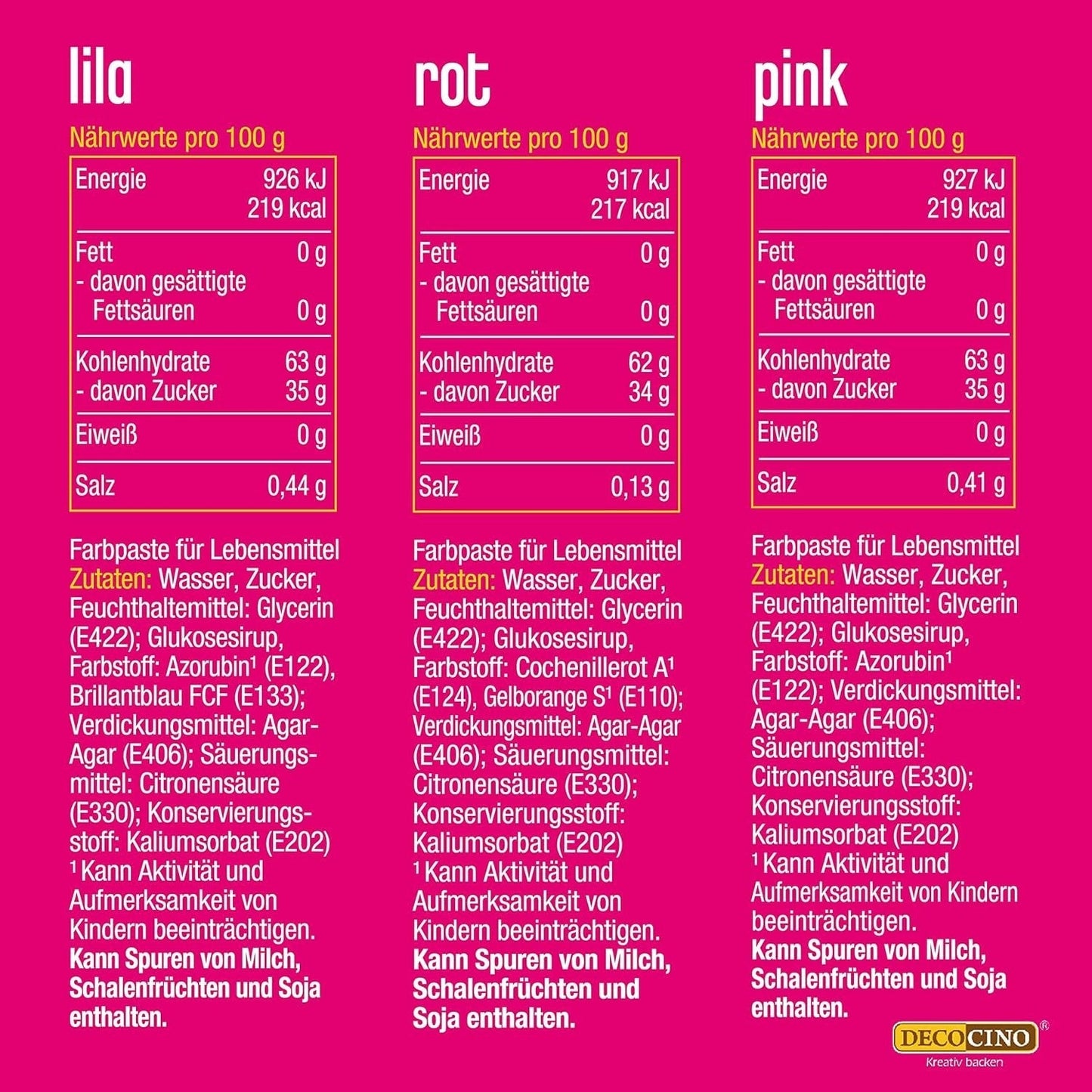 Decocino Neon matfärgningsset - 3 delar - röd, rosa, lila - högdosfärgad matfärg - för färgning av kakor, muffins, muffins - smakfritt