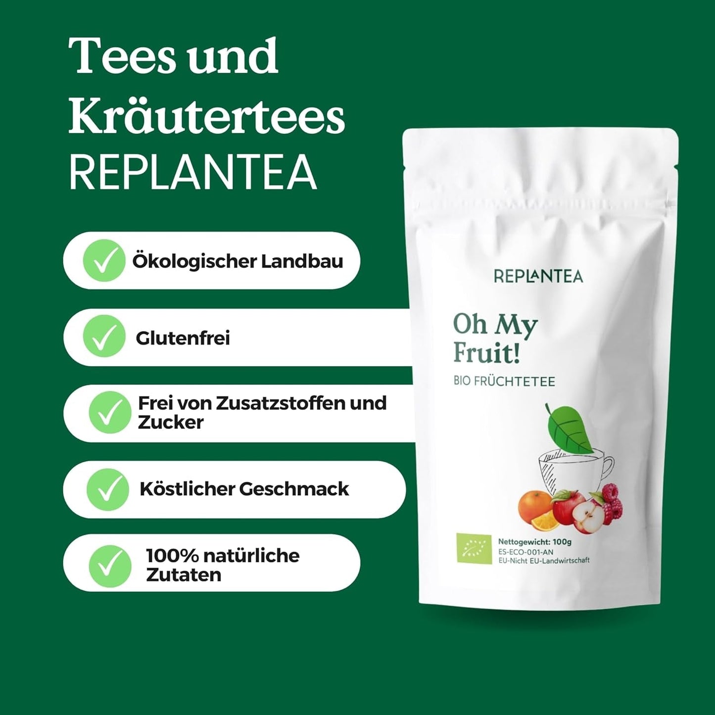 Oh My Fruit BIO fruktte 100 g (50 koppar) | Lös fruktte med äpplen, hibiskus, hallon, apelsiner och steviablad REPLANTEA