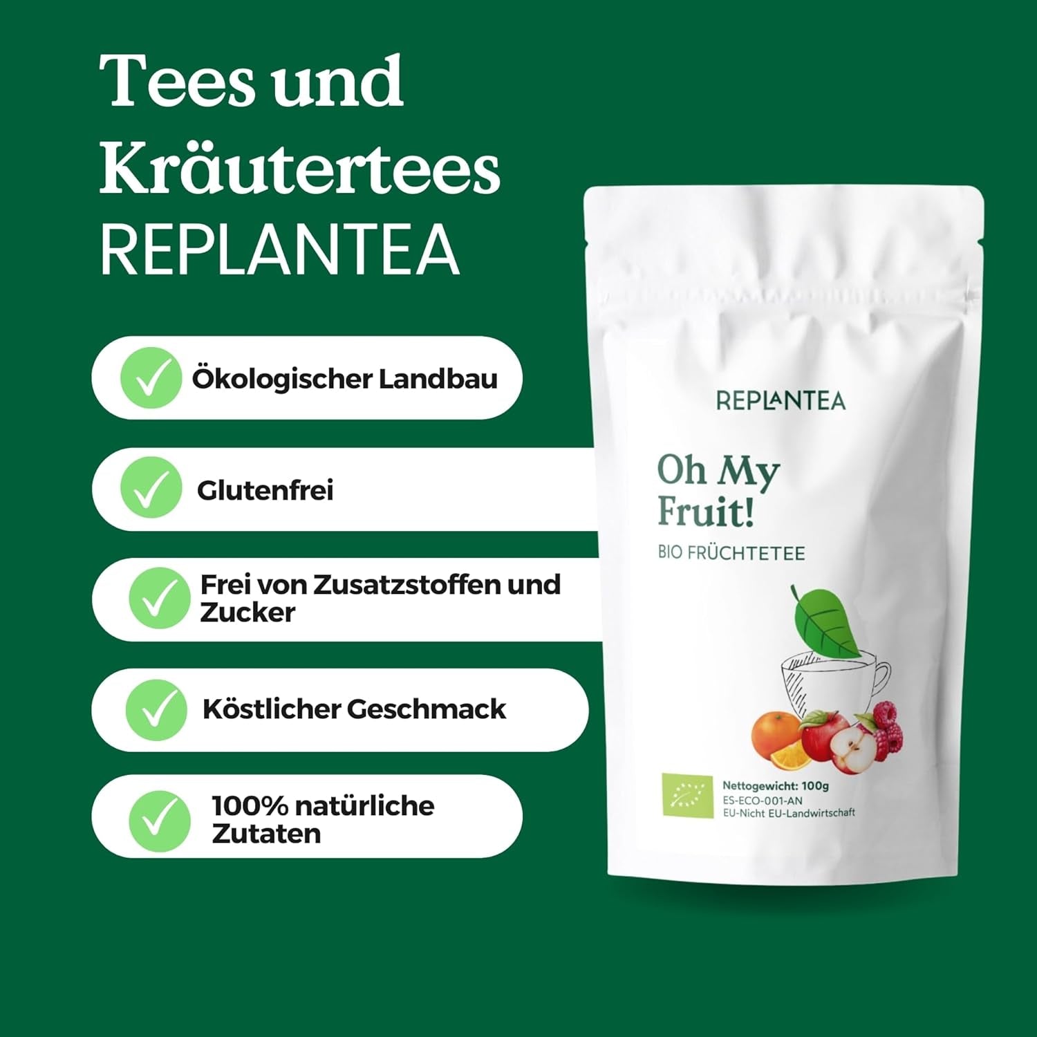 Oh My Fruit BIO fruktte 100 g (50 koppar) | Lös fruktte med äpplen, hibiskus, hallon, apelsiner och steviablad REPLANTEA