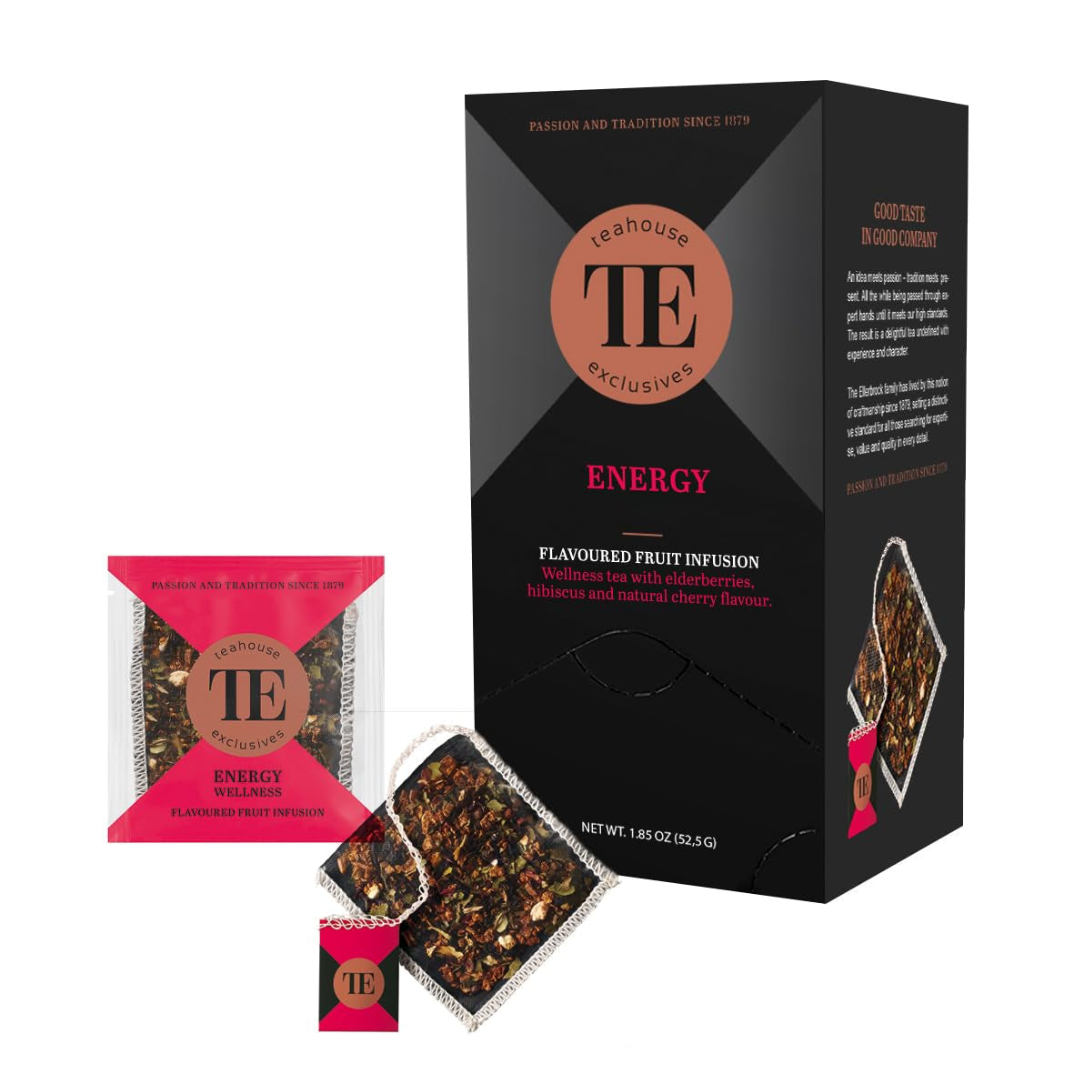 Teahouse Exclusives Luxury Tea Bag Energie, 15 påsar - Wellness-te med fläder, hibiskus och naturlig körsbärssmak