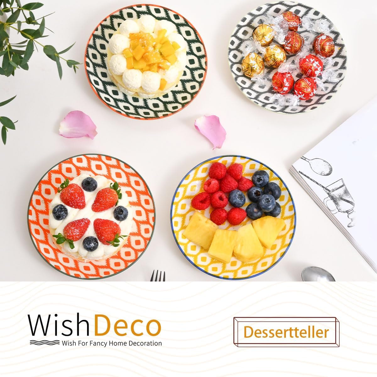 Tårtfat, set om 6; små desserttallrikar (15 cm); salladstallrikar av porslin; färgglada tallrikar till frukost; minitallrikar för pasta, frukt, bröd