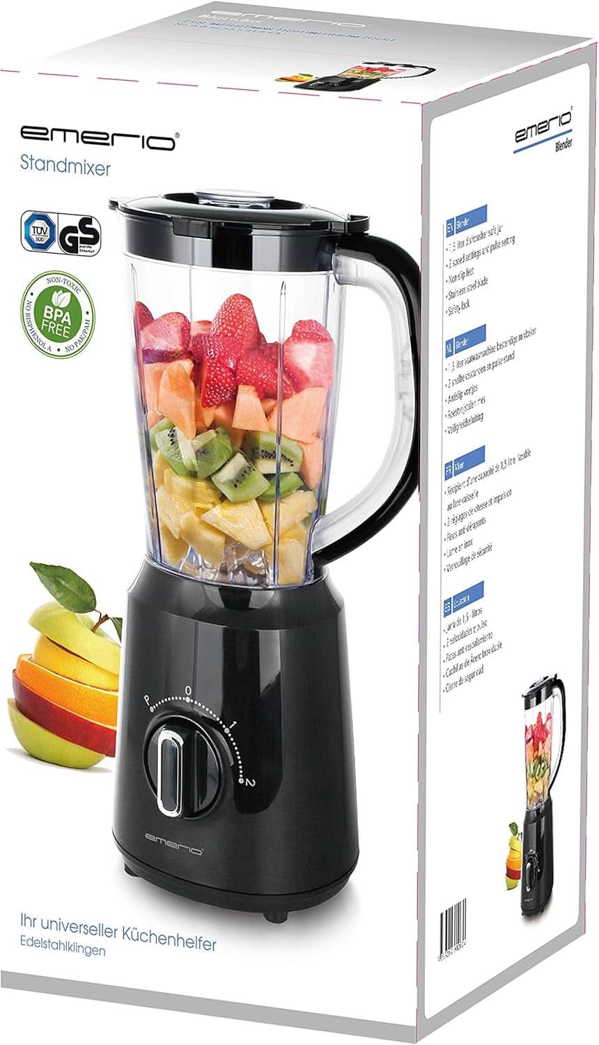 Emerio Standmixer BPA Frei Crush Ice Funktion 1.5L Behåller 2 Geschwindigkeiten + Pulse Funktion Messeinheit Aus Edelstahl Sicherheitsschalter Geschirrspülgeeignet 500 Watt BL-12816.8 Schwarz Bucatarie Naty Shop