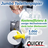 Quicky Jumbo 2-lagers toalettpapper, 25 cm Ø, ljus vit, präglad med fina prickar, 6 rullar - absorberande och rivtåligt för maximal hygien, perfekt för offentliga institutioner och industri