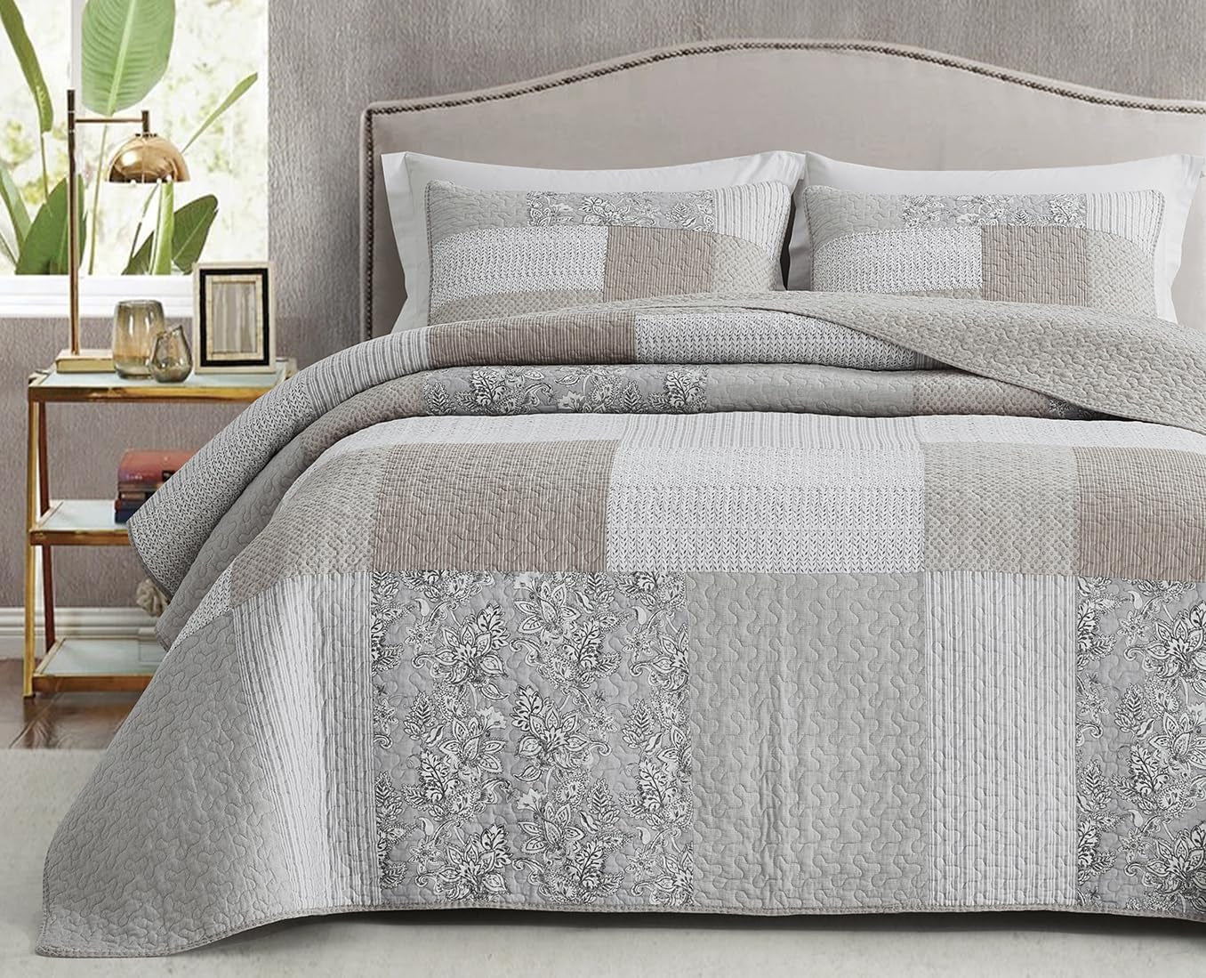 Chezmoi Collection Addy Patchwork Quilt Set Förtvättad bomull Lätt Vändbar All Seasons Oversized 3 delar Marinblå Vit Grå Taupe Pläd Quilts & Quilts Naty Shop Hibiscus Patchwork Taupe Queen