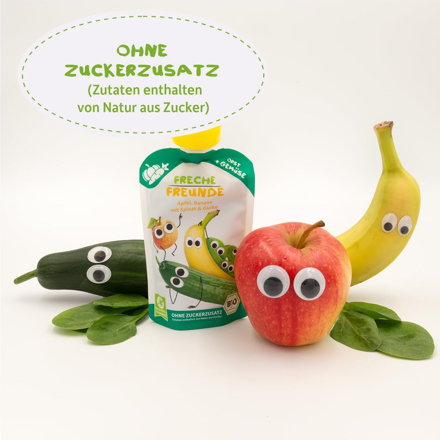 FRECHE FREUNDE Ekologisk pressbar fruktpåse med äpplen, bananer, spenat och gurka, mosad frukt och grönsaker i en pressbar påse för spädbarn från 6 månader, vegansk, förpackning om 6 (6 x 100 g)