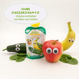 FRECHE FREUNDE Ekologisk pressbar fruktpåse med äpplen, bananer, spenat och gurka, mosad frukt och grönsaker i en pressbar påse för spädbarn från 6 månader, vegansk, förpackning om 6 (6 x 100 g)