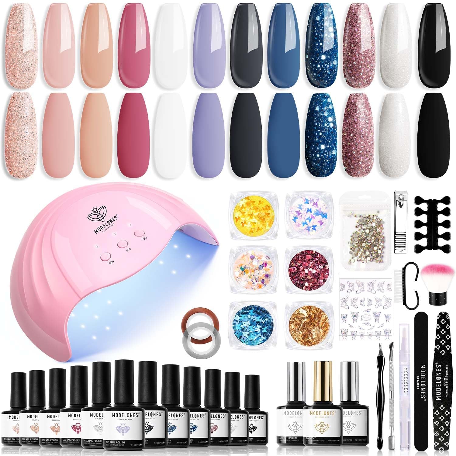 Modelones 35st Gel Nagellack Set, UV Nagellack Set med 48W lampa, Naken Brun Vit Rosa Gel Nagellack Set, UV Gel Nagellack Set med Top Coat Base Nagelstudio Set