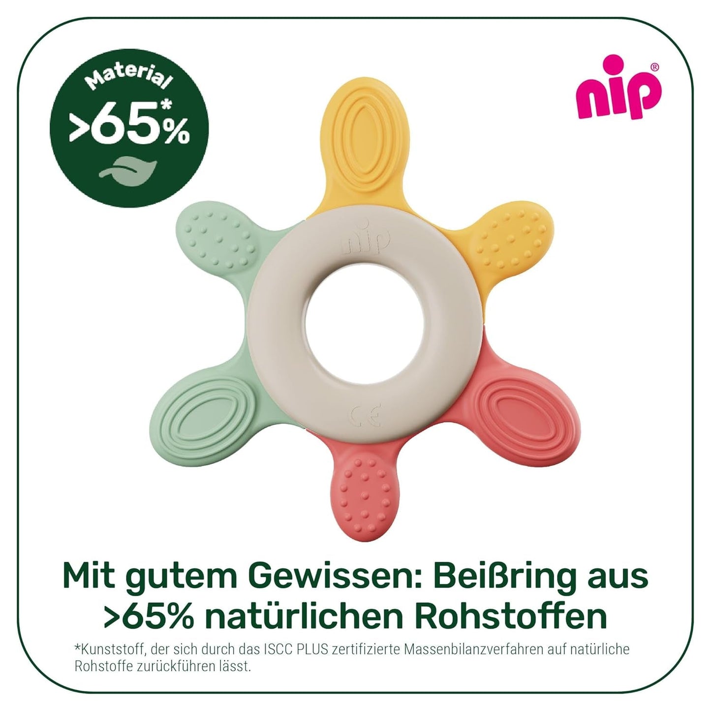 nip – Brickring | Hållbar tandring för bebisar från 3 månader, gjord av över 65 % naturliga råvaror. För mild massage av tandkött, tunga och tänder | Röd/grön/orange