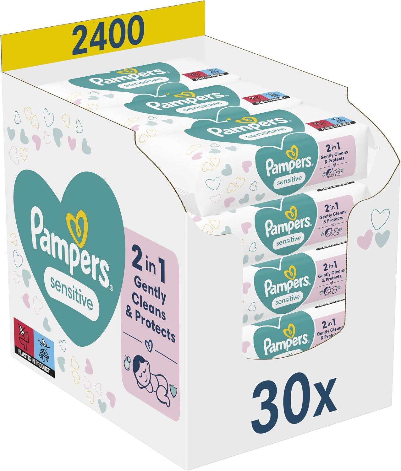 Pampers Sensitive Baby Wipes, 15 paket med 80 våtservetter, 1200 babyservetter, 2-i-1 skonsam rengöring och hudskydd
