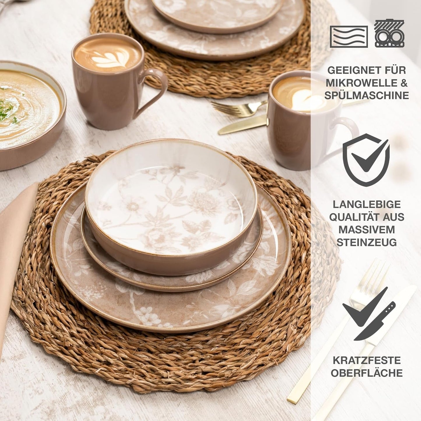 Moritz & Moritz MARIELLA 6-personers servisset i stengods i 24 delar - Modern beige servis med lekfull design, lättskött kaffeservering med tallrikar, skålar och koppar - Kombinationsset