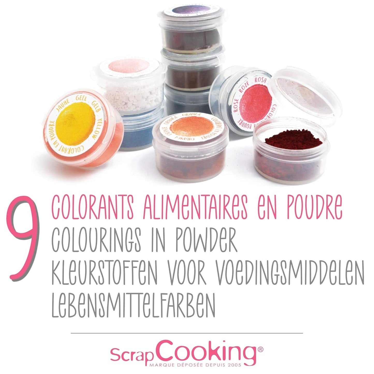Scrapcooking - Set med 9 pulveriserade matfärger - blå, gul, rosa, lila, orange, limegrön, röd, pulverrosa, svart - ätbart färgpulver för kakor, muffins, macarons - 4270