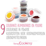 Scrapcooking - Set med 9 pulveriserade matfärger - blå, gul, rosa, lila, orange, limegrön, röd, pulverrosa, svart - ätbart färgpulver för kakor, muffins, macarons - 4270