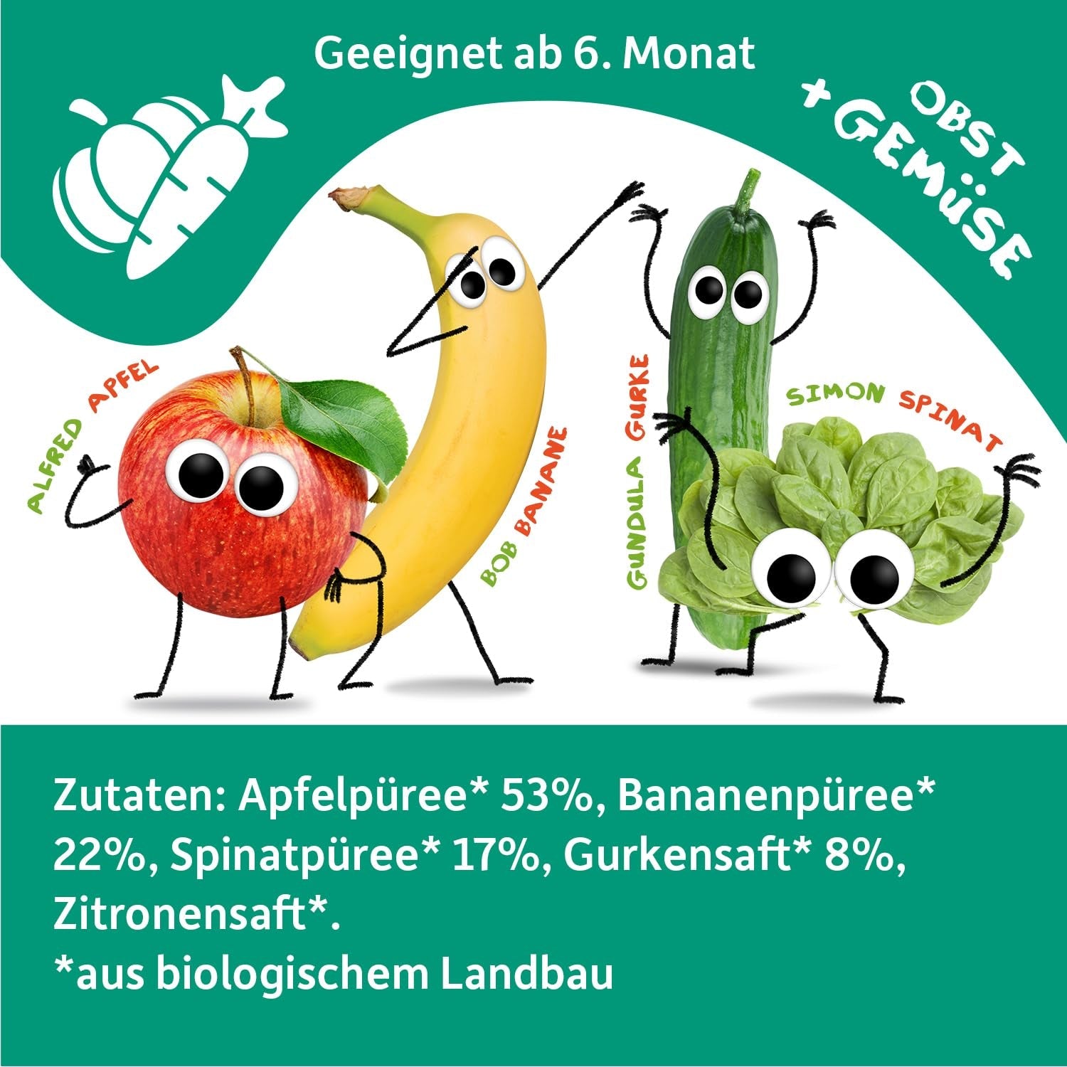 FRECHE FREUNDE Ekologisk pressbar fruktpåse med äpplen, bananer, spenat och gurka, mosad frukt och grönsaker i en pressbar påse för spädbarn från 6 månader, vegansk, förpackning om 6 (6 x 100 g)