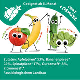 FRECHE FREUNDE Ekologisk pressbar fruktpåse med äpplen, bananer, spenat och gurka, mosad frukt och grönsaker i en pressbar påse för spädbarn från 6 månader, vegansk, förpackning om 6 (6 x 100 g)