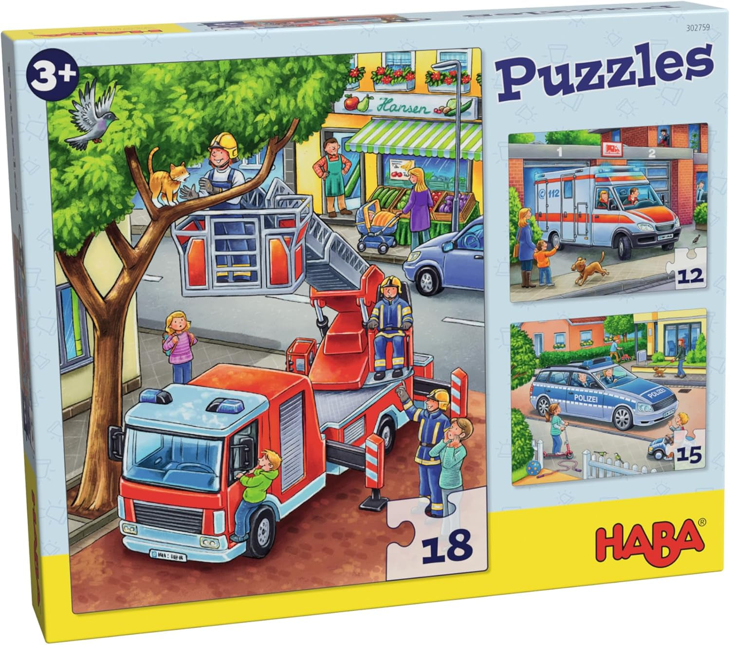 HABA Fire Brigade Pussel - 3-bitars uppsättning för barn från 3 år och polis och ambulans kartongpussel - Främjar finmotorik och koncentration - 1302759001 Pussel Naty Shop Standardtitel